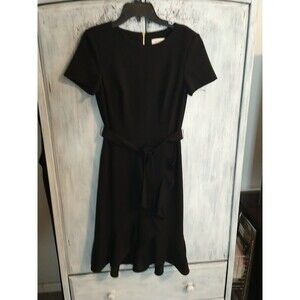 Calvin Klein Pleated Front Belted Short Sleeve Dress Sz 2 Black Classic Officey